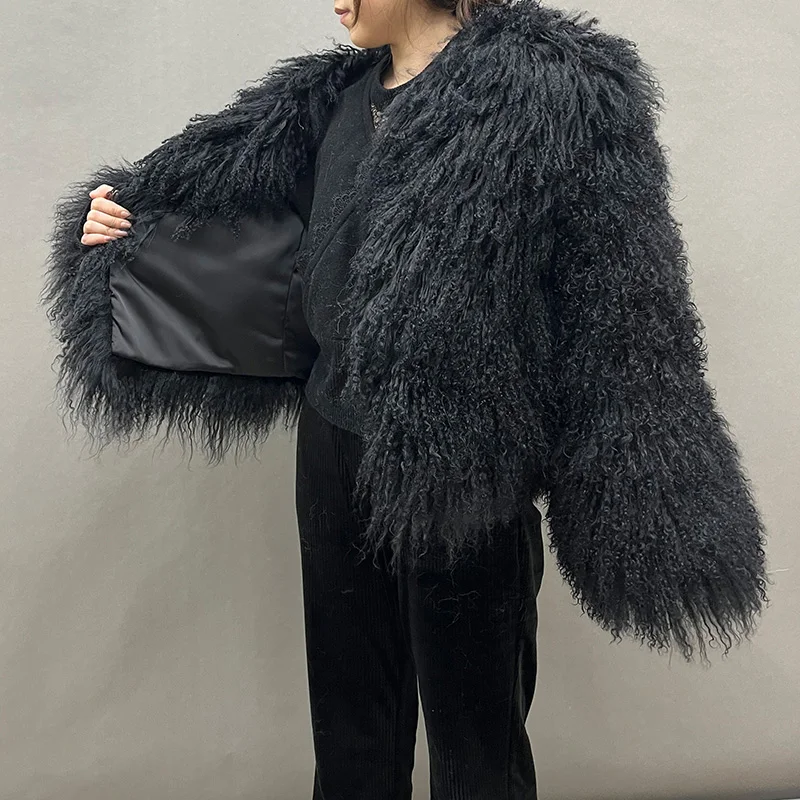 Women's Winter Mongolian Sheep Fur Fluffy Natural Fur Jacket Lady Thick Warm Outerwear eight-sleeve 240903