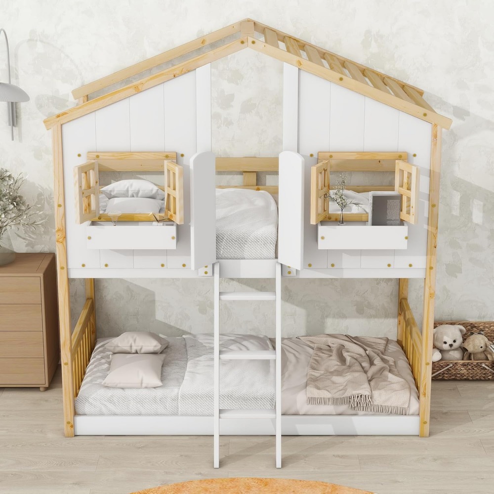 House Bunk Bed Twin Over Twin for Kids, Wood Bunk Beds with Roof, Windows, Window Box and Small Door, Floor Bunk Beds
