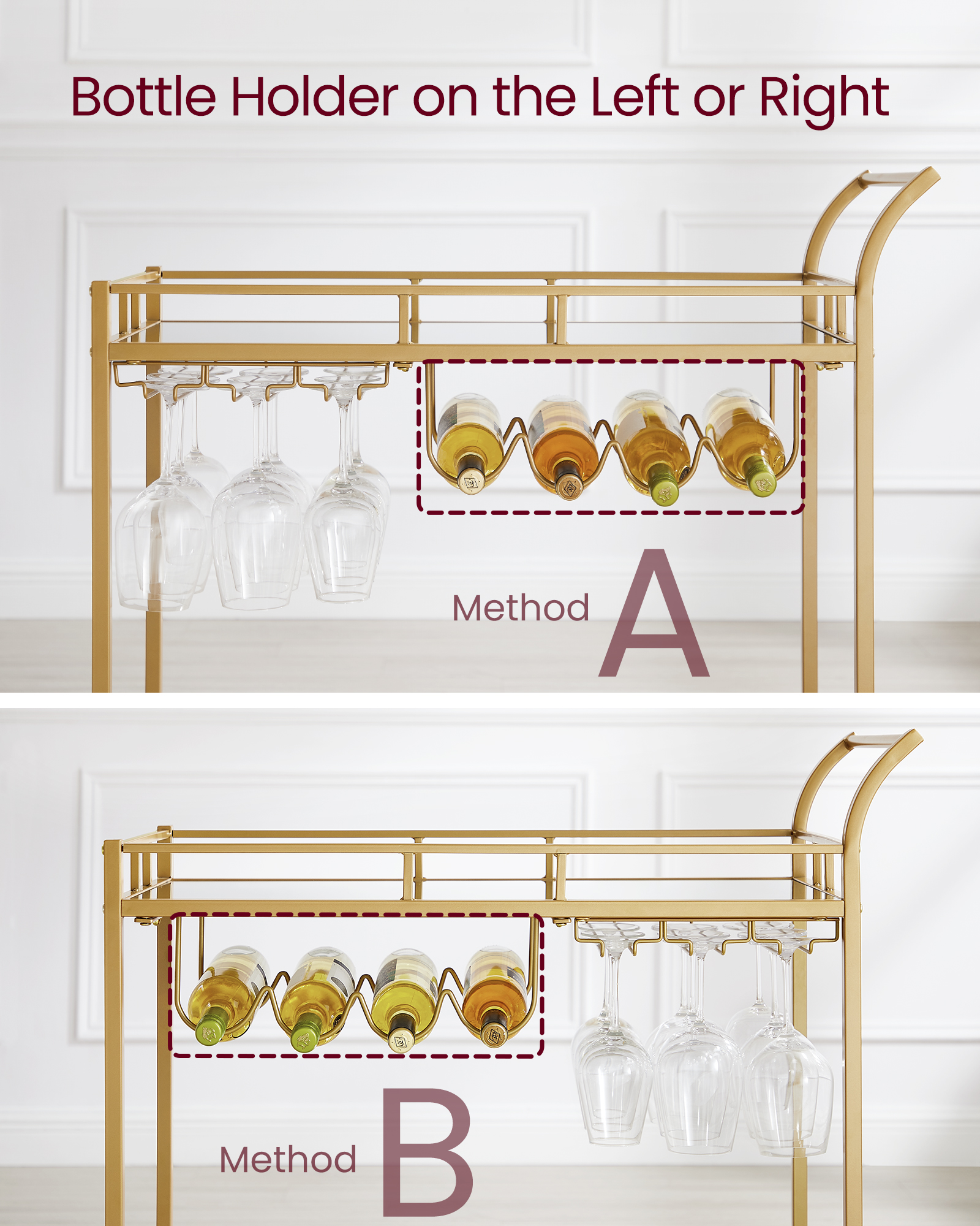 VASAGLE Drinks Trolley, Bar Cart, Serving Trolley with 2 Mirrored Shelves, Wine Holders, Glass Holders