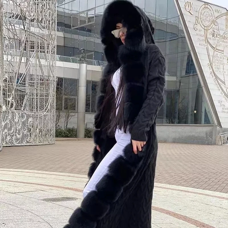 Furshehe Herbst Winter Frauen Pullover lange gestrickte Strickjacken echte Fuchs Pelzmantel abnehmbare Mode Streetwear Dame Strickwaren