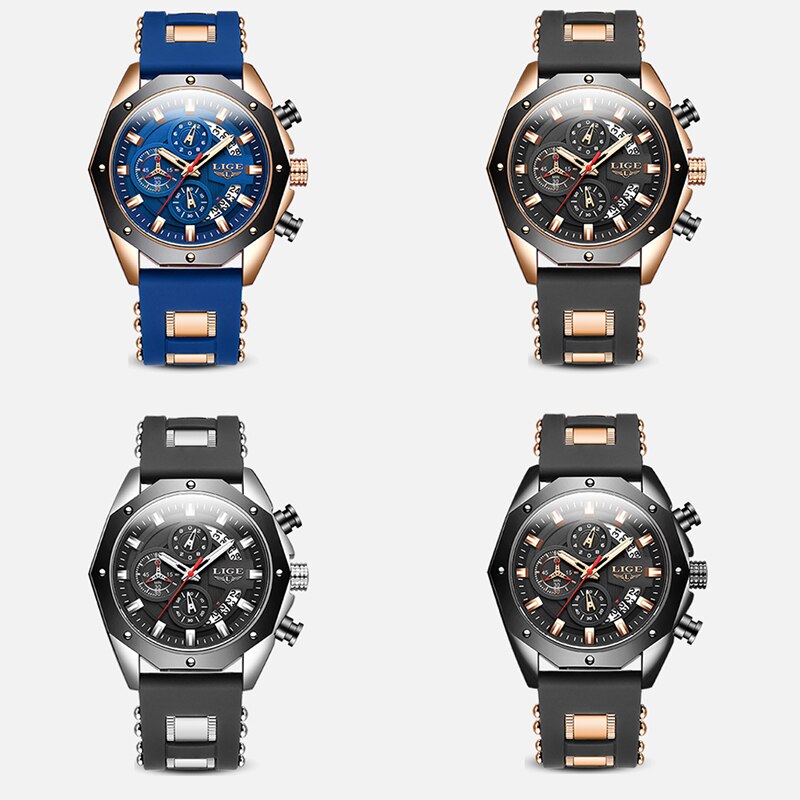Lige mode herren uhren top marke luxus silikon sport uhr herren quarz datum uhr wasserdicht armbanduhr chronograph uhr mann