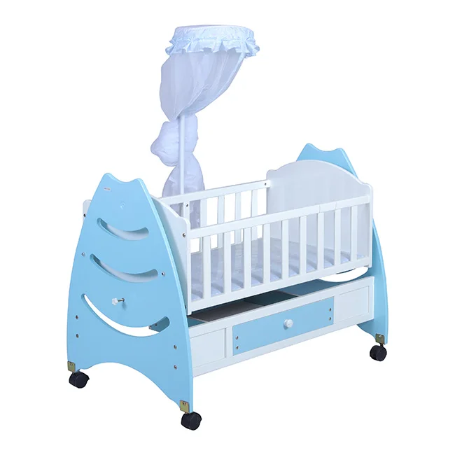 OEM  MDF Multi Functional Baby Cot Bed Baby Crib with Removable Drawers With Mosquito net  and Wheels Animal Design