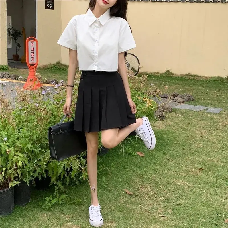 Oversize Cropped เสื้อเชิ้ตสีขาวผู้หญิงฤดูร้อนแขนสั้นโปโลคอปุ่มลง Basic เสื้อแขนสั้นเกาหลีหญิงเสื้อ