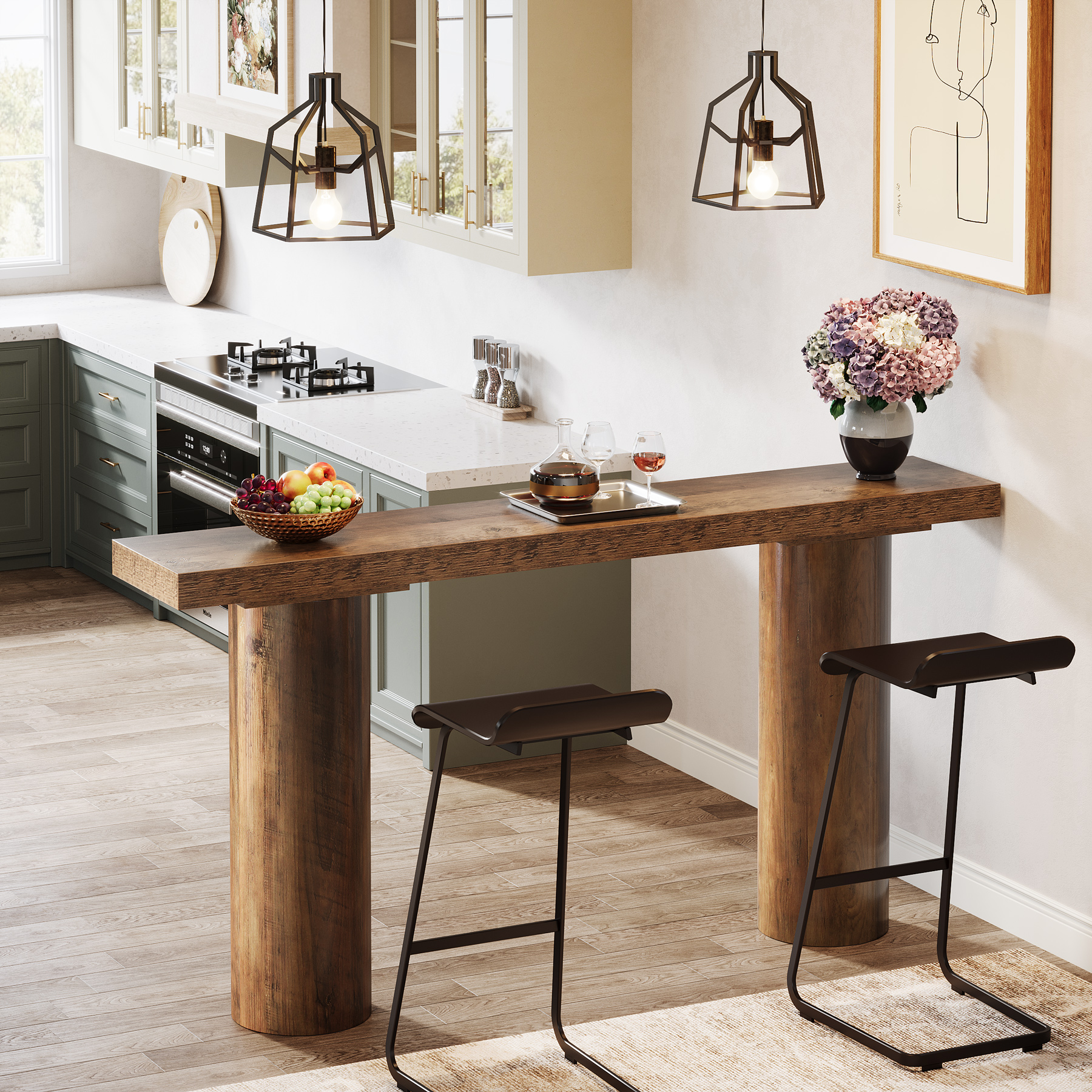 Tribesigns 63" Long Bar Table, Rectangle Kitchen Counter Height Table with Pillar Legs, Narrow Bar Height Pub Table Behind Couch
