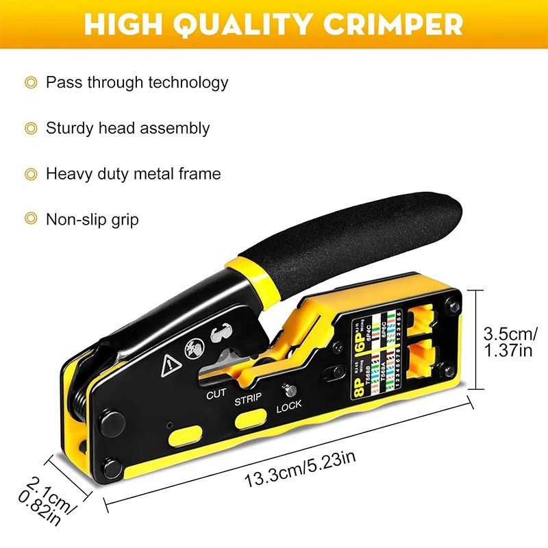 RJ45 Crimp Tool Pass Through Ethernet Crimping Tool for Cat6 Cat5 Cat5e RJ45 Connectors with Replacement Blade