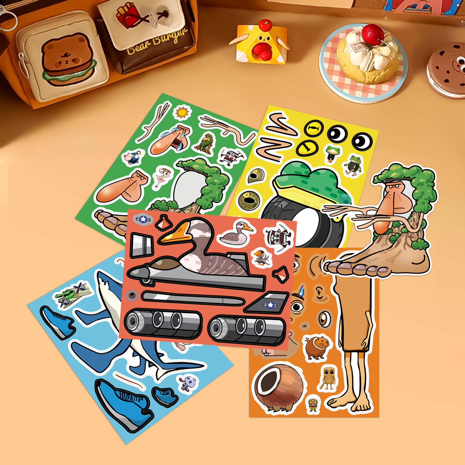 8/16Sheets Abstract Animal Make a Face Puzzle Stickers Tung Tung Sahur Italian Brainrot Animals Decal Assemble Jigsaw Kid Toys