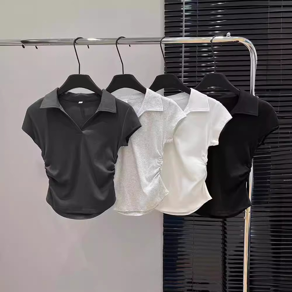 Cotton Summer Sexy Women's T Shirt Skinny Slim Basic Solid Crop Top Short Sleeve Polo TShirtCasual Top Tee for Women