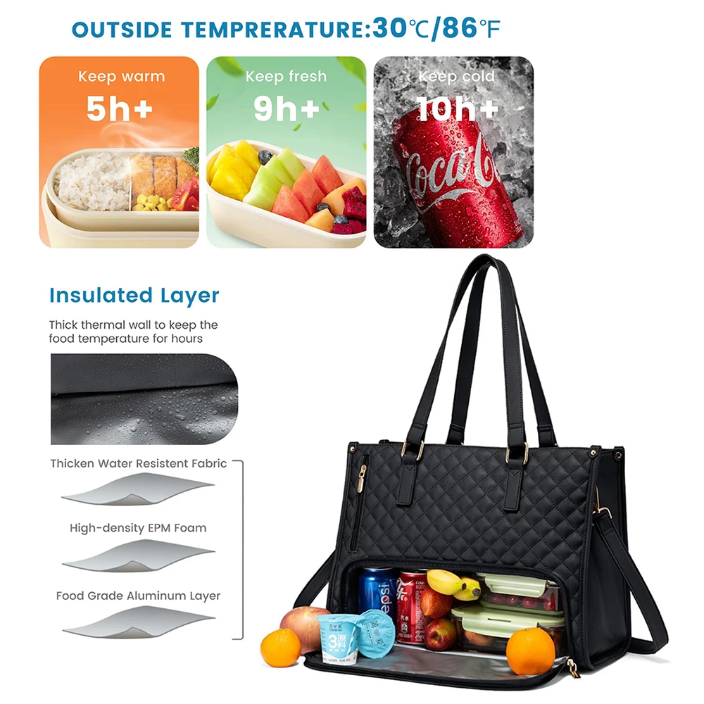 Bolsa de almuerzo 2 en 1 para mujer, bolso de hombro para ordenador portátil, gran capacidad con compartimento aislado, bolsa de Picnic multifuncional para exteriores
