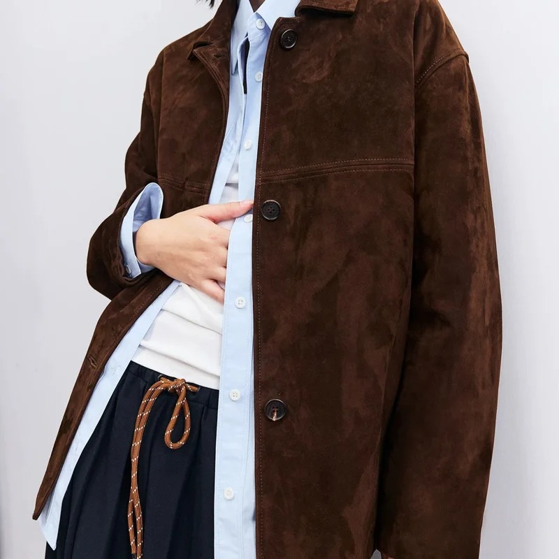 Veste rétro haut de gamme en daim pour femme, manteau Long à simple boutonnage, col carré Auburn, avec ceinture, vêtements d'extérieur pour femmes