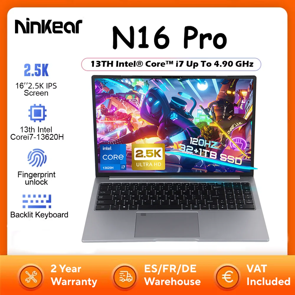 Laptop Ninkear N16 Pro 32GB 1TB 13. generacji Intel i7-13620H 16'' 2.5K IPS 120Hz Komputer Gamingowy 57.75Wh Odblokowywanie na odcisk palca Notebook