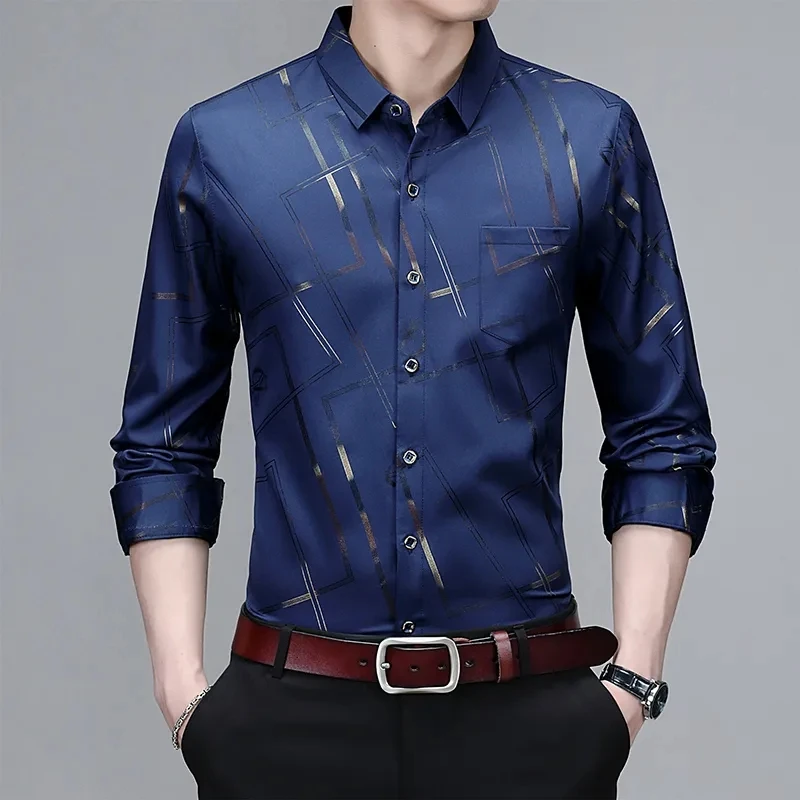 Camisa estampada de manga larga informal y de moda para hombre, top de negocios sin planchar y resistente a las arrugas
