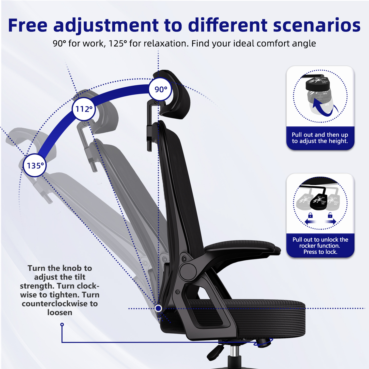 Bureaustoel Ergonomisch Liggend 90 ° -135 ° ,Bureaustoel met lendensteun, Computerstoel Verstelbare hoofdsteun, woonkamerstoelen