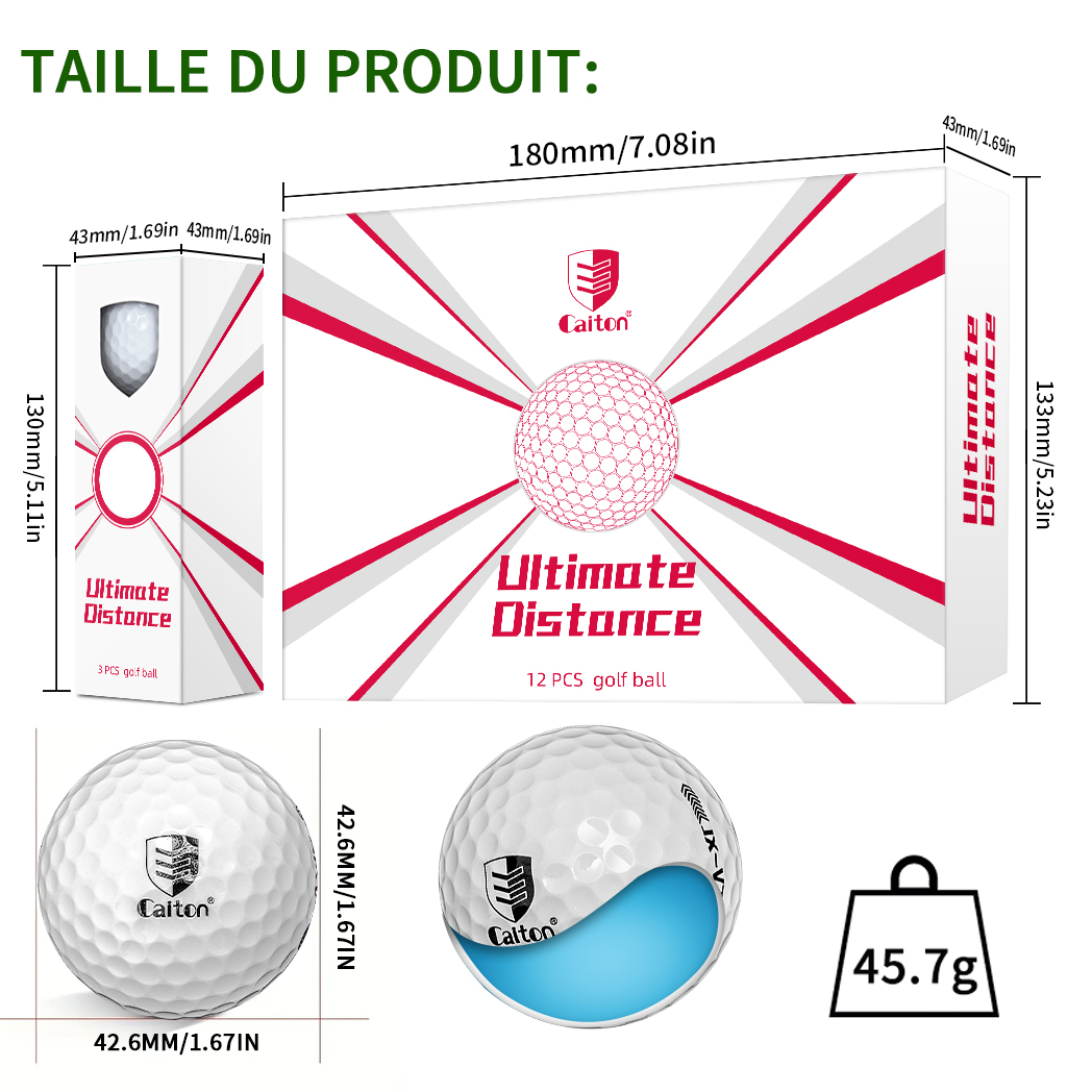 Caiton-Balle de golf ultra longue distance, double cœur, conception aérodynamique, vol augmenté de 40 verges +, 12 pièces, 6 pièces, 3 pièces, en option
