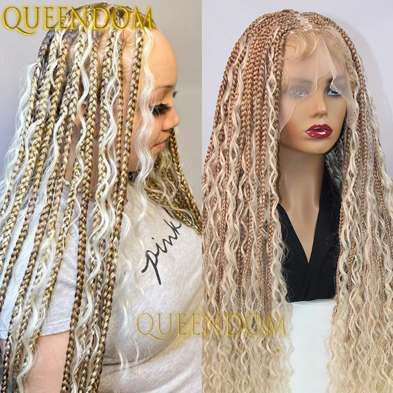 Peluca trenzada bohemia de encaje completo sintético, trenzas en caja de 32 pulgadas, peluca de diosa con pelo rizado, peluca trenzada Cornrow de gradación rubia ombré