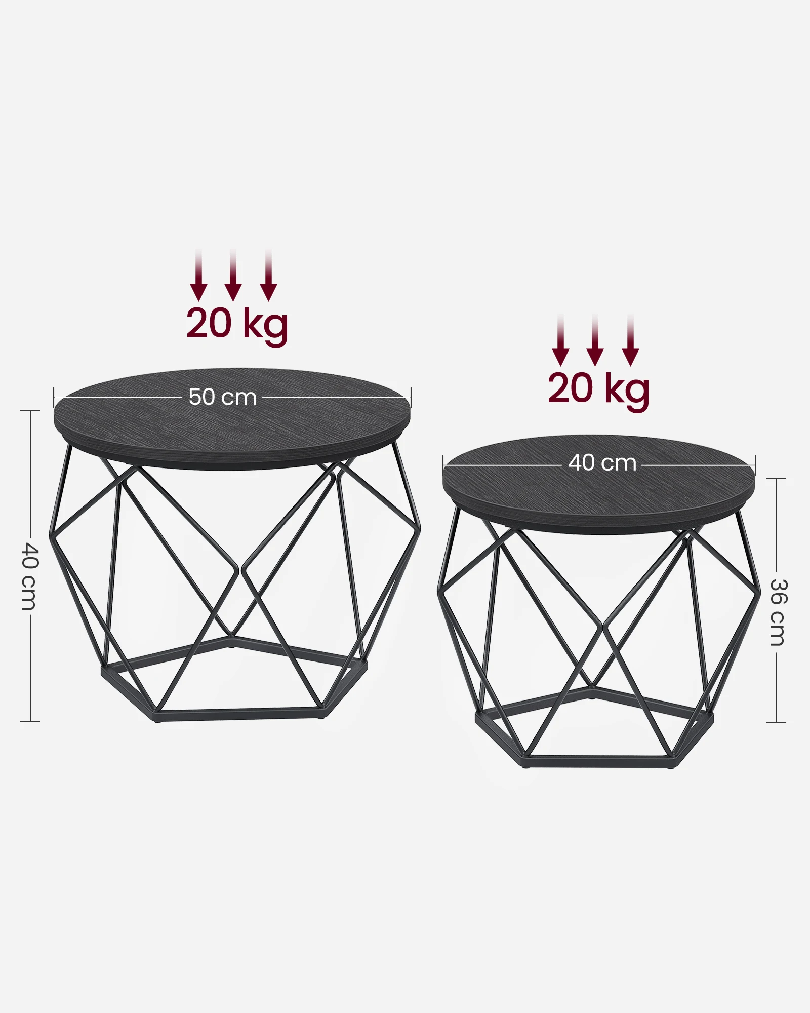 VASAGLE Couchtisch rund, 2er Set, Wohnzimmertisch, Beistelltisch, modern, abnehmbare Tischplatte, für Wohnzimmer