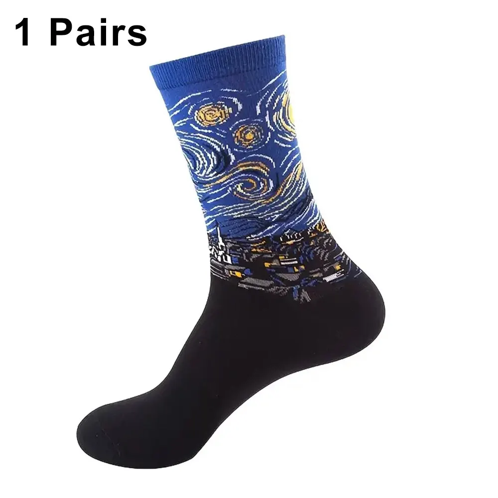 Calcetines artísticos con pintura al óleo abstracta Retro para hombre, calcetín moderno para monopatín, Van Gogh, noche estrellada, feliz, pintura al óleo, 1 par