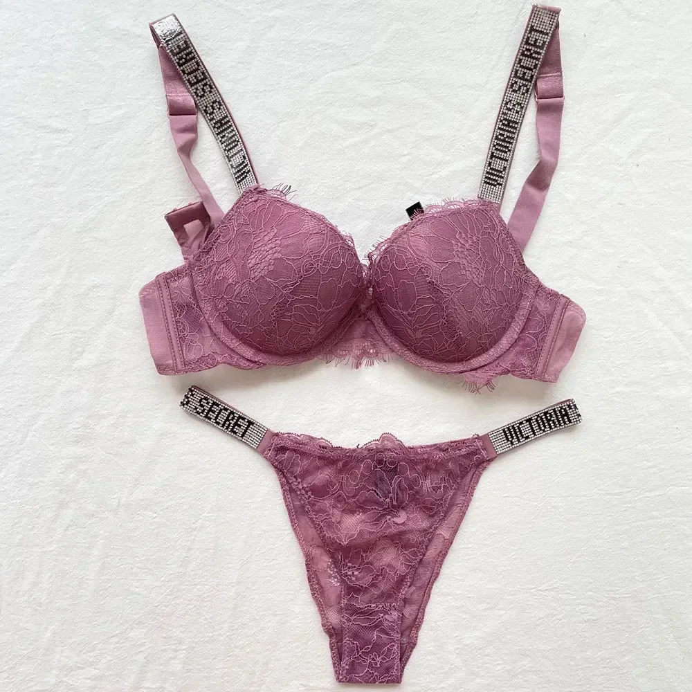 Nuevo conjunto de lencería de ropa interior para mujer, sujetador Push Up de 2 piezas y bragas de encaje de verano con letras de diamantes de imitación, ropa interior de diseño de marca, sujetadores