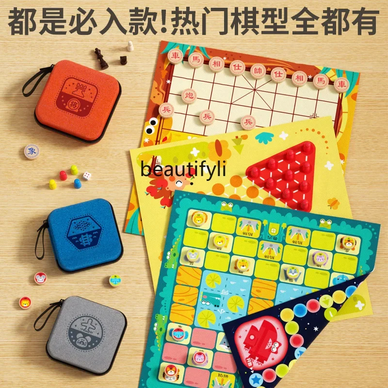 子供のためのポータブル無垢材チェスピース、ミニオークのチェス盤、小学校、2 in 1