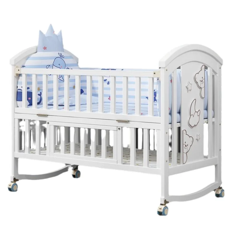 Solid Wood Baby Crib Multi-Function Convertible Portable Rocking Bed Newborn Movable Children Bedside Sleeper​​, Children Beds