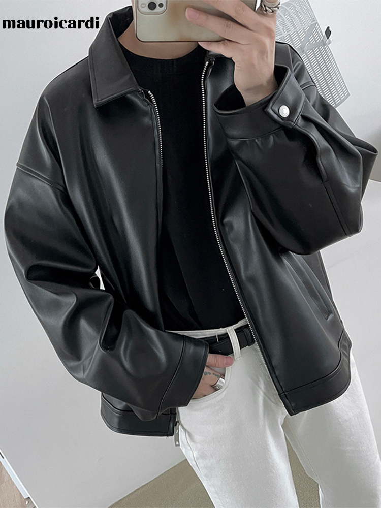 Mauroicardi Frühling Herbst Coole Luxus Kurze Schwarze Weiche Licht Pu Leder Jacke Männer Zipper Casual Herren Jacken und Mäntel Mode