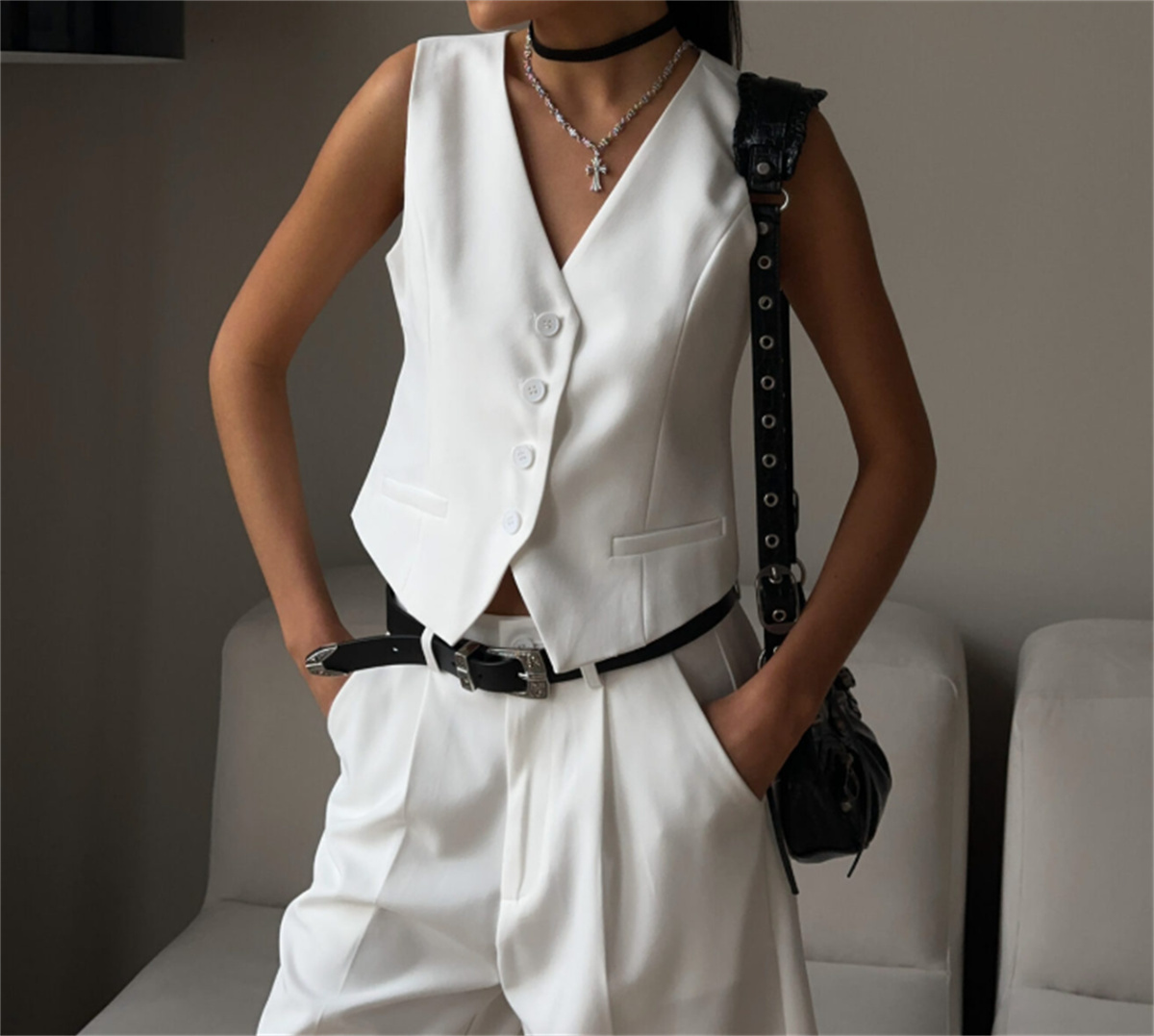 Frauen Mode Ärmellose Anzug Weste Solide Einreiher V-ausschnitt Tops Elegante Büro Dame Kleidung Dünne Beiläufige Straße Strickjacke