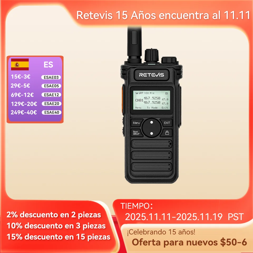 Retevis RT86S Walkies Talkies Largo Alcance Walkie-talkies Radio Profesional Long Range Walkie Talkie 1 2 Piezas Caza Portátil ptt VOX Recargable Multibanda Profesional Comunicación Transceptor