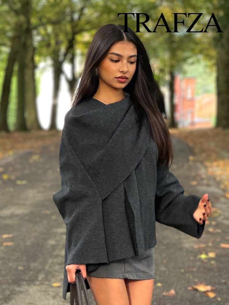 TRAFZA Wintermode Asymmetrischer Schal Damen Kurzer Strickmantel Langarm Single Button Lose Damen Elegante Strickjacken