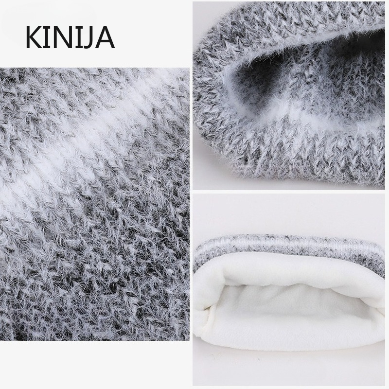 Winter Cap Gloves Scarf Set Women GradientColor Knitted Hat Thickened Fleece Lining Skullcap Outdoor Cycling Windproof Beanies