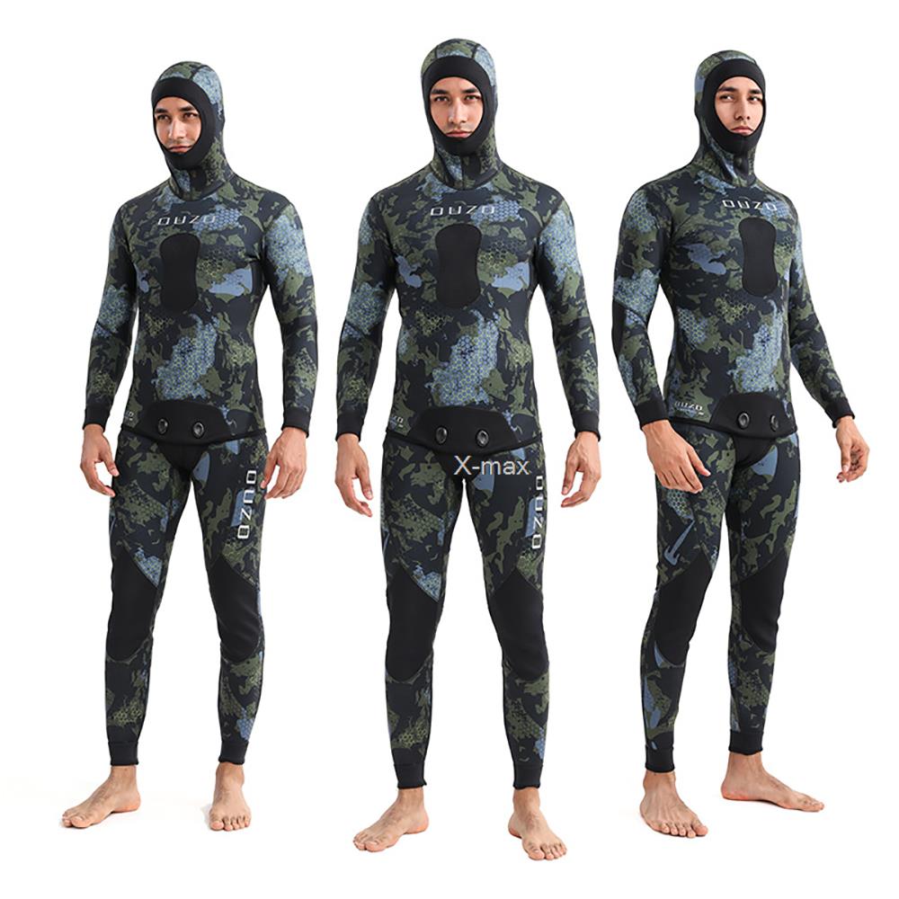 Traje de neopreno de 5mm de camuflaje de manga larga con capucha de fisión 2 piezas de neopreno sumergible hombres mantener caliente traje de buceo
