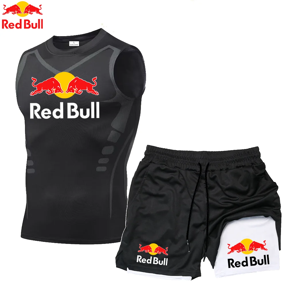 Quick Dry Running Red Bull Vests Men Double Deck 2 in 1 Shorts Sets Rashgard Fitness Sport Gym Tank Tops Set For Mens