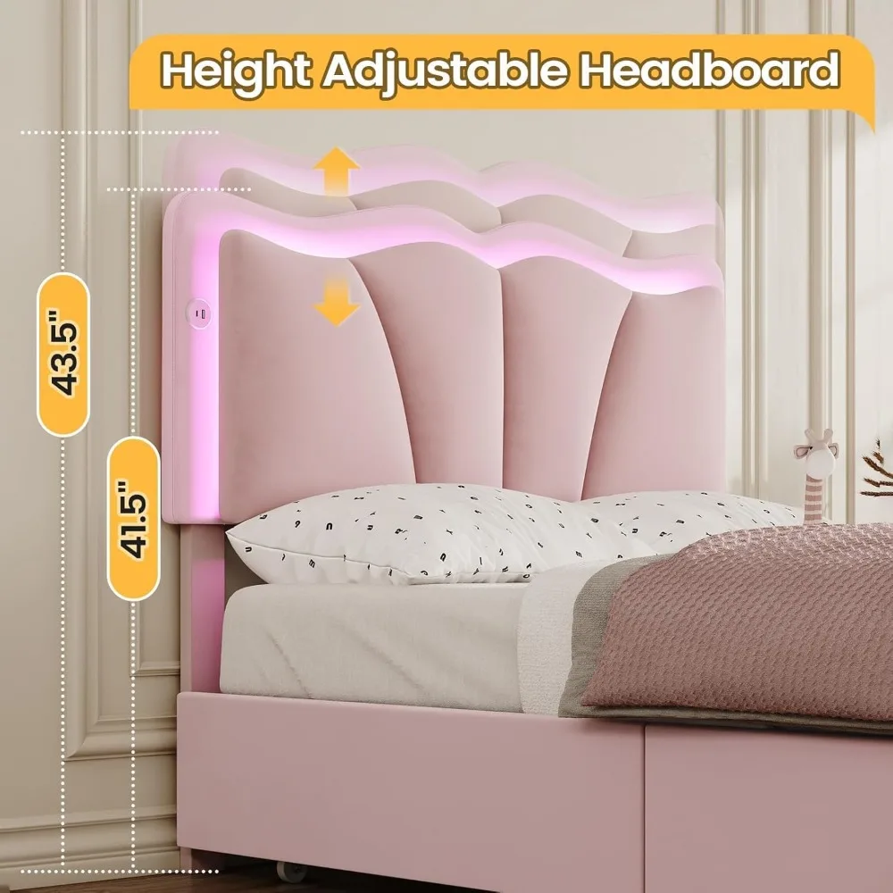 Twin Bed Frame with 4 Storage Drawers & Charging Station,Upholstered Led Flower Twin Bed with Adjustable Headboard , Pink