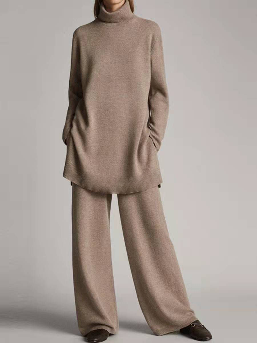 Conjuntos de pantalones largos de Color liso para mujer, jersey fino de primavera holgado con cuello alto, pantalones de piernas anchas, conjunto de dos piezas, traje informal para mujer Y2k