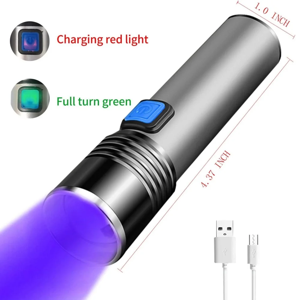USB ชาร์จ 365nm UV ไฟฉายอลูมิเนียมแบบพกพาแสงอัลตราไวโอเลตไฟฉายสีดําเครื่องตรวจจับปัสสาวะสัตว์เลี้ยงไฟฉายสีดํา