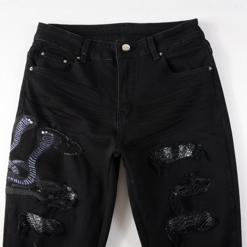 Jean brodé serpent pour hommes, pantalon en Denim extensible, slim, conique, trous, Patch en cuir déchiré, Patchwork, noir