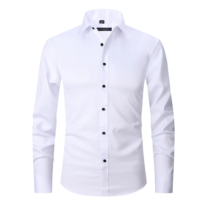ผู้ชายแขนยาว SLIM FIT Elastic เสื้อและไม่รีดผ้าสีดําเสื้อผู้ชายสีทึบอเนกประสงค์ธุรกิจนิ้วเสื้อผ้าผู้ชาย