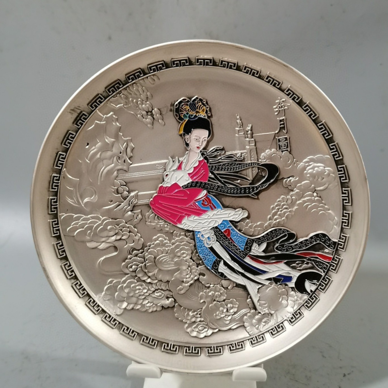 Antique Collection Qianlong Year Model Silver-Plated Painted Chang'e Flying Pan Decoration Sitting Plate Display Plate Home Deco