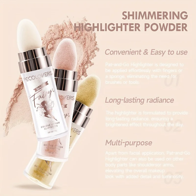 Multi-Tone Fairy Glow: ไม้กายสิทธิ์เน้นข้อความสีรุ้งสําหรับผิวหน้าและผิวกาย – สีฟ้า, สีม่วง, สีขาว Bronzing Shimmer