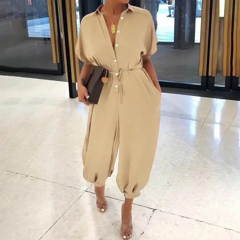 Zomermode V-hals Knop Lace-Up Jumpsuit Korte mouw Losse playsuit Overalls Dames Elegante luipaardprint Zakrompertjes