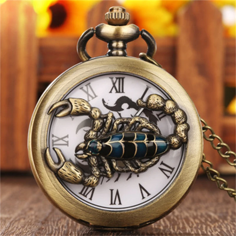 Skorpion geschnitzte Retro römische Ziffern Unisex Quarz Taschenuhr Halskette Uhr Anhänger Taschenuhr