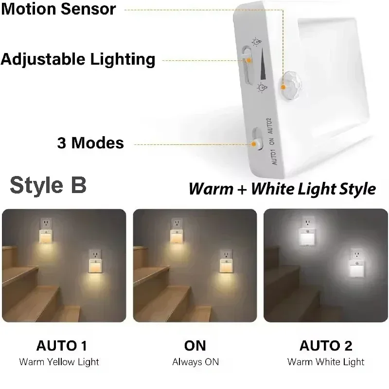 Luz nocturna con Sensor de movimiento, lámpara LED nocturna inalámbrica, enchufe de EE. UU., UE, Reino Unido, AU, lámpara de escalera con Sensor regulable de bajo consumo para dormitorio