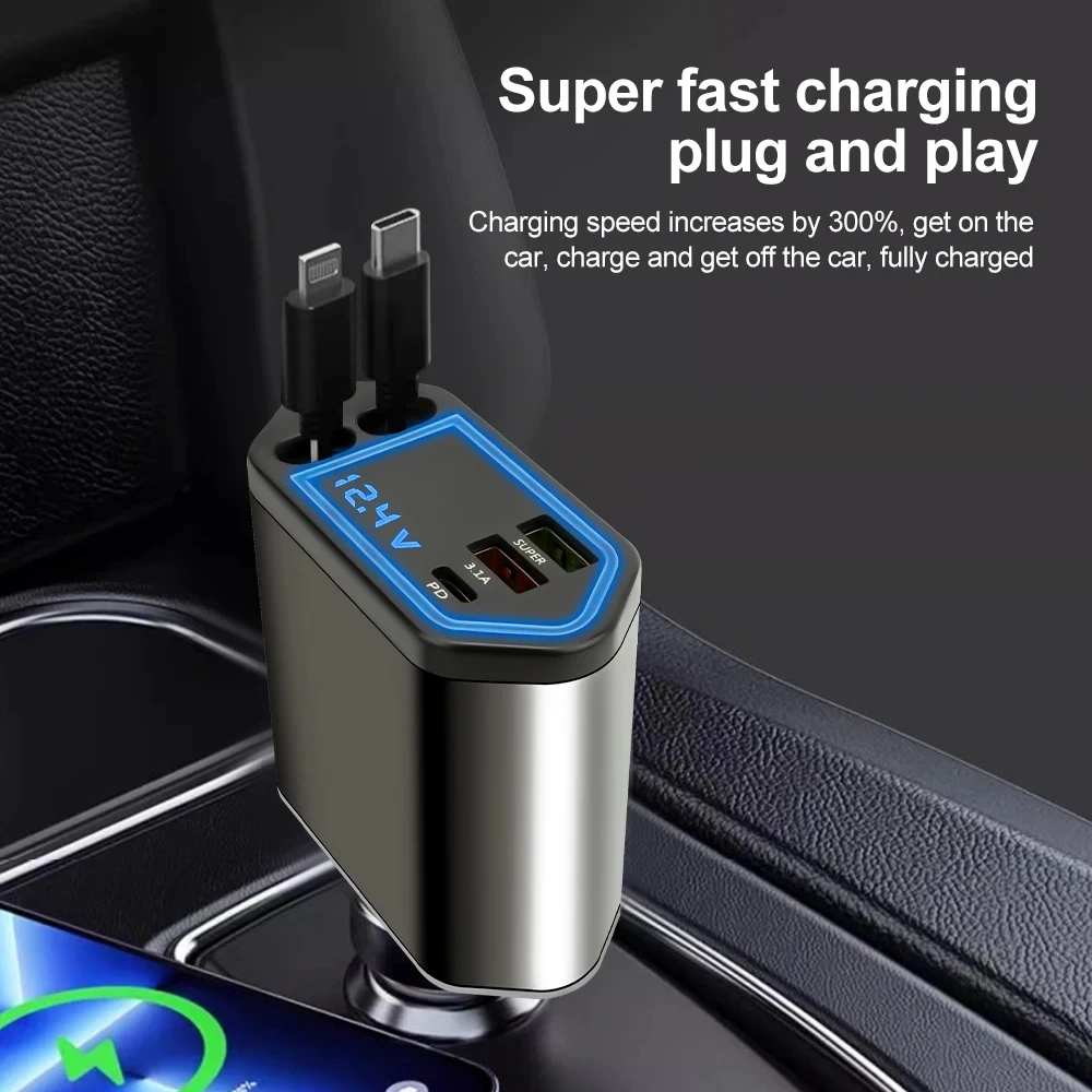 Wysuwana ładowarka samochodowa, szybka ładowarka samochodowa 4 w 1 o mocy 120 W, wysuwany kabel i ładowarka samochodowa z 2 portami USB, kompatybilna