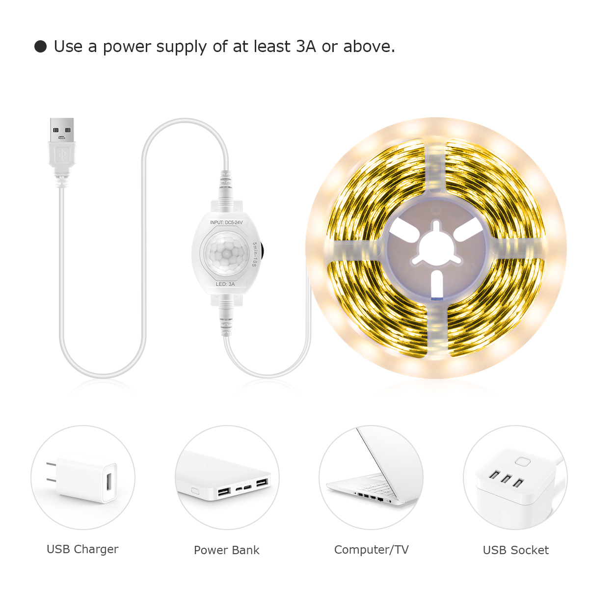 Wireless PIR Motion Sensor 5V USB LED Strip Light Flexible LED Tape Ribbon for Stair Closet Kitchen Backlight Night Light Decor