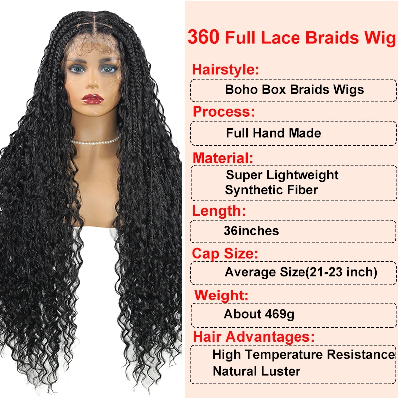 Boho กล่อง Braided Wigs ผมหยิกสังเคราะห์วิกผมลูกไม้ด้านหน้าด้านหน้าสําหรับผู้หญิงสีดําเทพธิดา Locs Braid วิกผม Bohemian กล่อง Braid วิกผม
