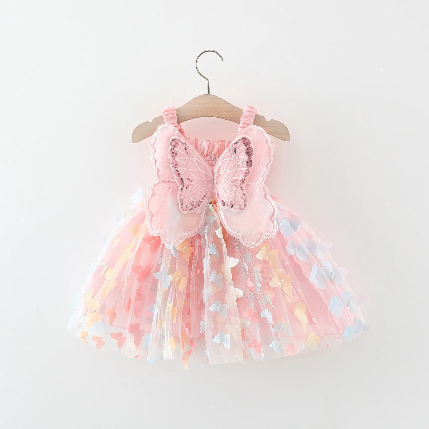 Abito a canotta da ragazza estiva con gonna soffice senza maniche con ali di farfalla patchwork in rete con stampa di farfalle arcobaleno