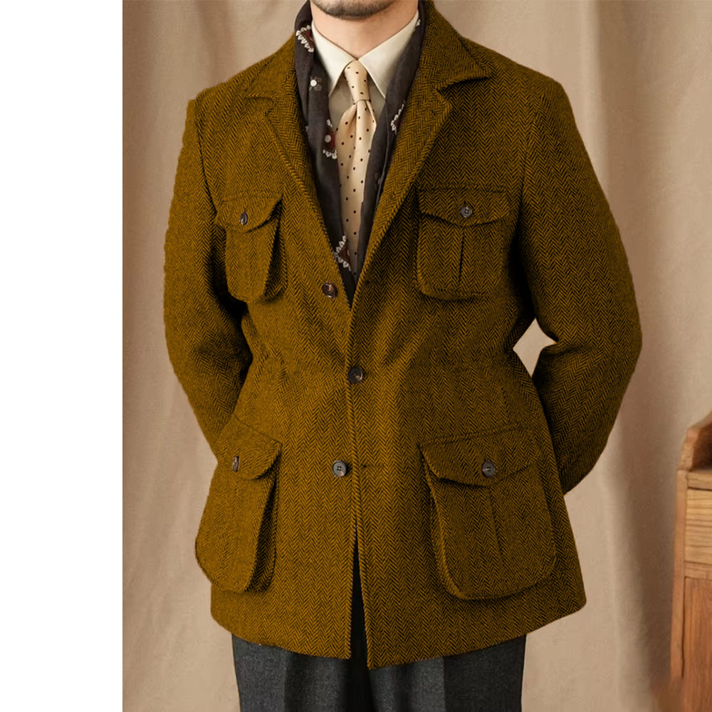 Men's Suits Vintage Herringbone Tweed Blazer British Wool Blend Double Breasted Lightweight Casual Sport Coat Formal Jacket