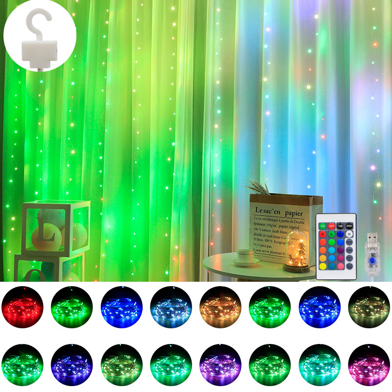 LED Window Curtain String Lights 16 Color Fairy Light Remote Control Christmas Garland Outdoor Wedding Party Bedroom Decoration