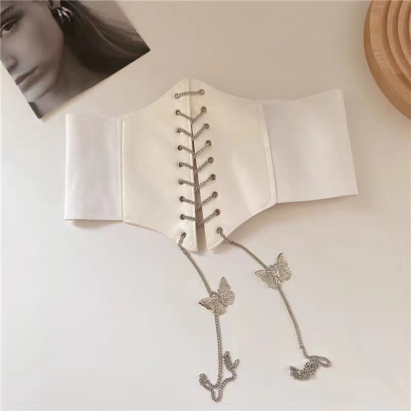 Faja ancha de cuero sintético para mujer, corsé Sexy con cadena de mariposa, faja adelgazante para el cuerpo, cinturones elásticos para la cintura, Cinto Ceinture Fajas