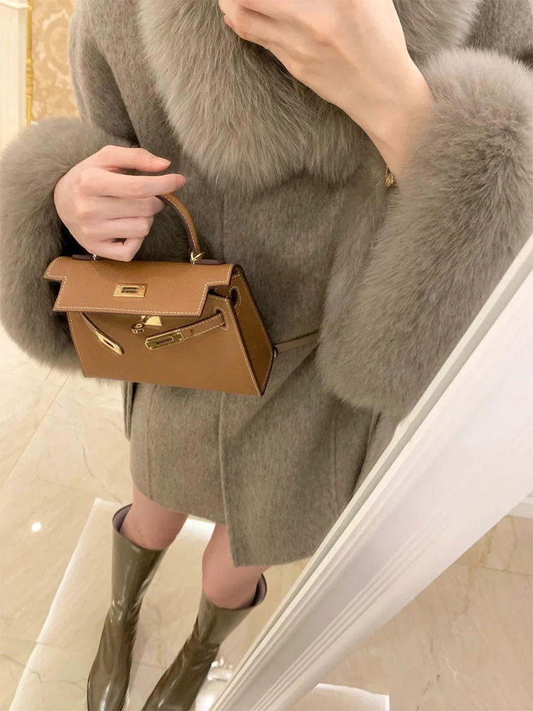Luxury Double-sided Cashmere Poncho Blend Women Autumn Winter New Long Cloak Real Fox Fur Collar Woolen Coat