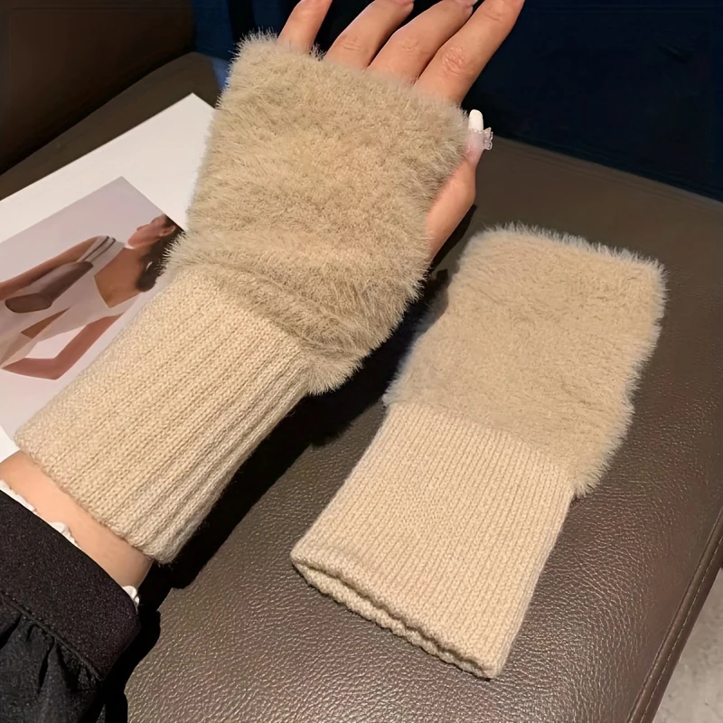 Herbst Winter Weiche Nerz Fleece Halbe Finger Handschuhe Frauen Plüsch Gestrickte Finger Handschuhe Handgelenk Fäustlinge Fahren Schreiben Handschuhe