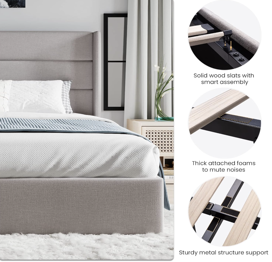 King Size Lift Up Storage Bed/Modern Wingback Headboard/Upholstered Platform Bed Frame/Hydraulic Storage/No Box Spring Needed/Wo